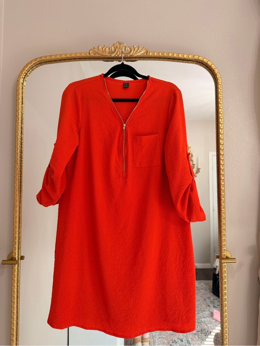 SHEIN Bright Orange Zip-Front Midi Shift Dress